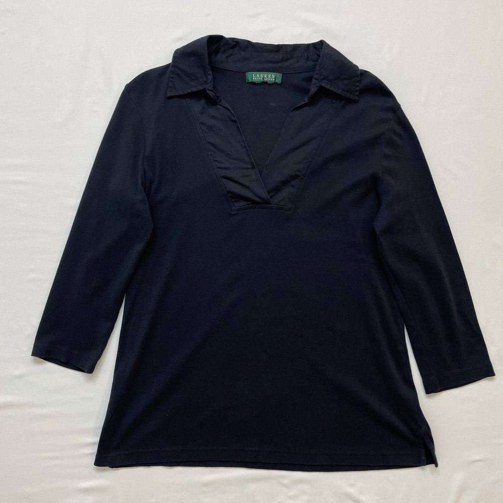 Lauren Ralph Lauren Collared V-Neck Mixed Media Shirt Womens Large Cotton